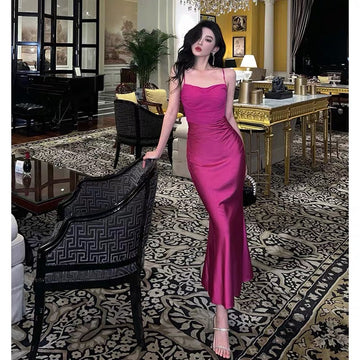 Sheath Spaghetti Straps Hot Pink Satin Prom Dresses Birthday Outfits Evening Gown SD918